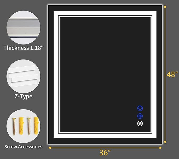 48"x36" LED Bathroom Mirror with Anti-Fog, Stepless Dimmable Lights, 3 Color Modes, Shatter-Proof Tempered Glass, Memory Function & Waterproof Design