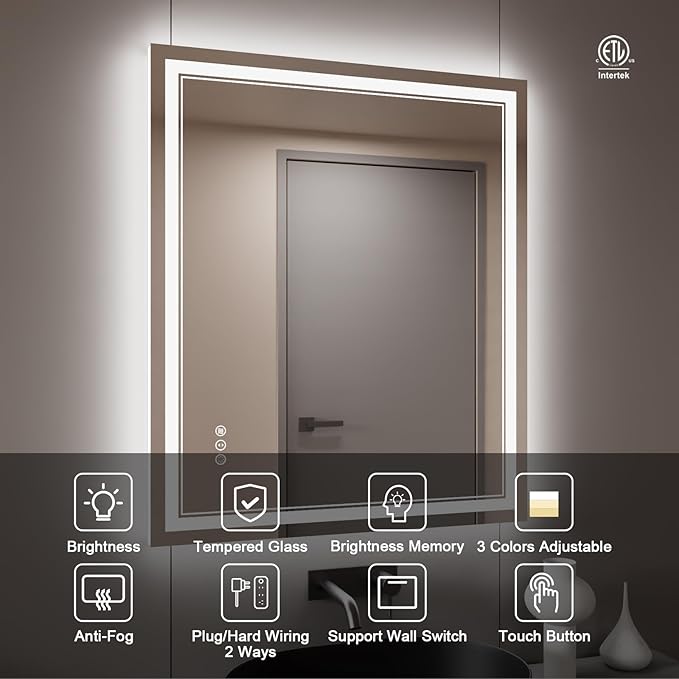 30x36 Inch LED Bathroom Mirror with Lights, Backlit and Front Lighted Bathroom Mirrors for Wall, Anti-Fog Dimmable Memory Shatterproof LED Vanity Mirror for Bathroom