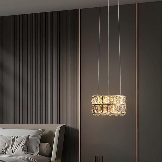 Modern Crystal Chandelier for Dining Room Luxury Silver Crystal Chandelier for Living Room Dimmable LED 11.8" Ring Pendant Light Adjustable Dimmable 2700k-6000k