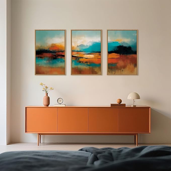 Large Abstract Burnt Orange Framed Canvas Wall Art,Neutral Blue and Black Wall Decor,Modern Brush Stroke Artwork,Minimalist Watercolor Art Print for Living Room,Bedroom,Office- 24"x36"x3