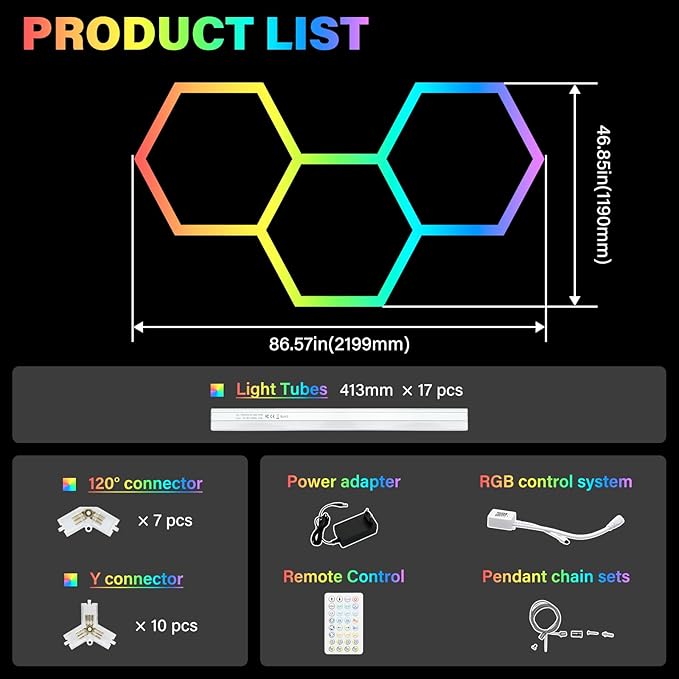 ALLYES Hexagon RGB Lights - Smart RGB LED Wall Lights with Music Sync, DIY Dimmable for Gaming Room, TV, Bedroom, Bar, Gym