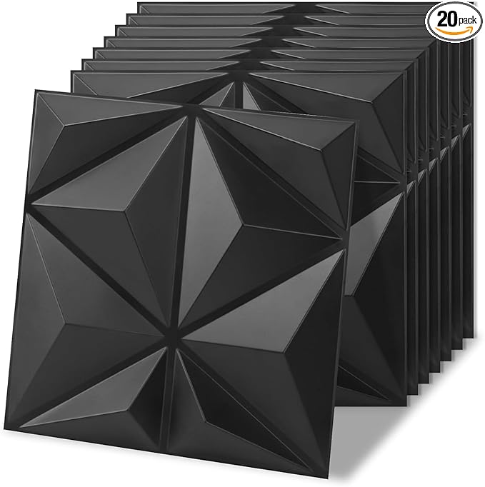 Art3d 20 Pack Decorative 3D Wall Panels, 19 Sq.Feet PVC Interior Wall Décor for TV Background, Bedroom, Living Room, 11.8"x11.8", Black
