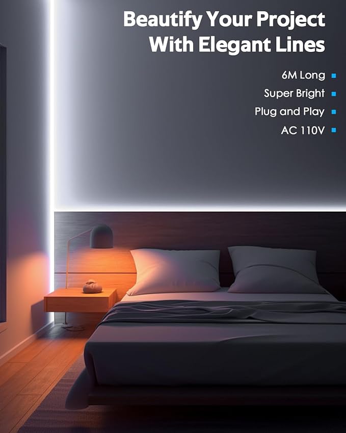 Outdoor COB LED Rope Lights Waterproof with Switch IP65 20FT/6M AC110V-120V LED Strip Light Daylight White 6000K 1728LED/6M Super Density Bright LED Tape Light Indoor for Garden Decor