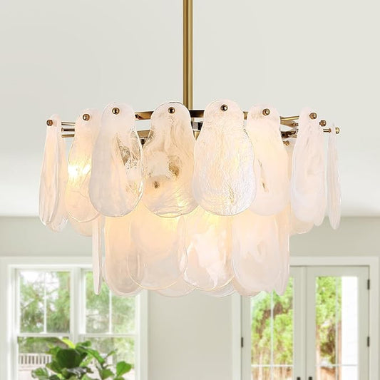 Modern Gold Chandeliers, 17.7" Luxury Cloud Glass Light Fixture, 2-Layer Round Ceiling Hanging Light Fixture for Bedroom Dining Room Kitchen Island Living Room Entryway Bar Farmhouse 6-Light