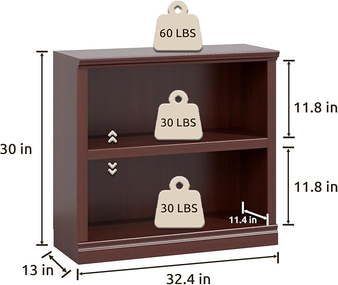 30" Bookcase, White Floor Standing Bookshelf, 2-Tier Display Shelves Open Storage Organizer, Book Case for Living Room Hallway Kitchen Home Office Bedroom, Mahogany 2 Tiers