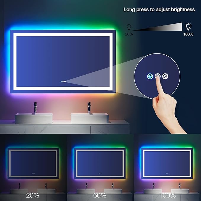 LOAAO 72"X36" Inch RGB LED Bathroom Mirror with Lights, Large, Anti-Fog, Dimmable Smart Lighted Bathroom Vanity Mirror, Multiple Light Modes, RGB Backlit + Front Light, Memory Function, Tempered Glass