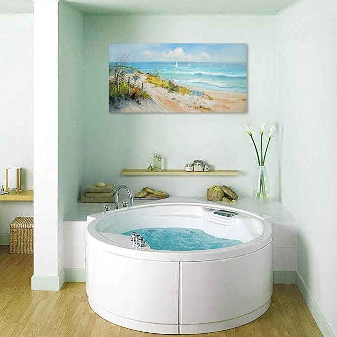 Arjun Ocean Wall Art Canvas Coastal Beach Painting Blue Landscape Picture Sailboat Textured Large Artwork Framed for Living Room Bedroom Bathroom Wall Decor, 40"x20"