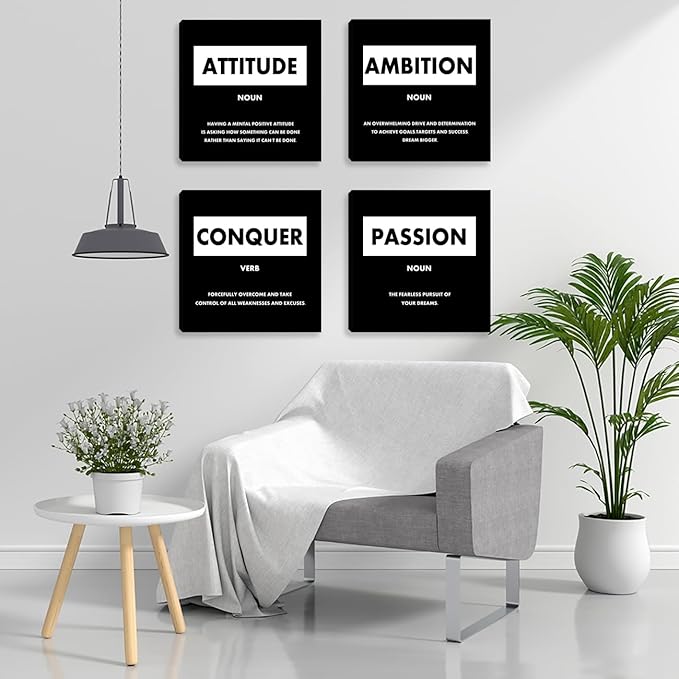 Motivational Canvas Wall Art - Home Office & Living Room Wall Decor - Black Inspirational Design - Framed Art Prints - 12X12 Inch (4 Pack)