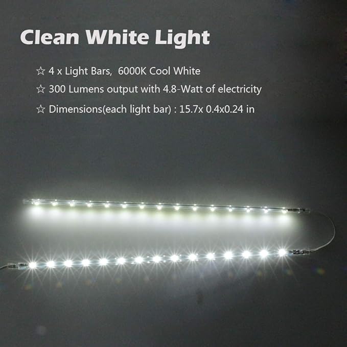LED Display Light Bar Kit - (4) 16inches Plug-in Linkable Strip Lights for Large Display Cabinet - Series + Parallel Connection - White 6000K