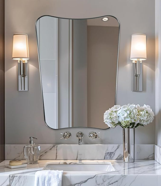 ANDY STAR Brushed Nickel Bathroom Mirror, 22x30 Silver Metal Framed Mirrors for Bathroom, Irregular Wall Mirror in Anti-Rust Stainless Steel Frame, Unique Shape Frame Ideal for Home Remodel