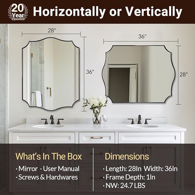 ANDY STAR Bathroom Mirror, 28x36 Inch Matte Black Vanity Mirror, Unique Rectangle Mirror with Sophisticated Curved Design, Ideal for Bathroom Remodel (Vertical or Horizontal)