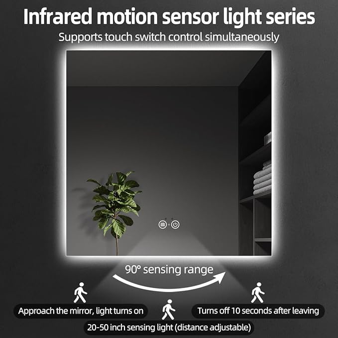 Backlit LED Bathroom Mirror, Infrared Motion Sensor Vanity Mirror with 3-Color Lights, Stepless Dimmable Wall Lighted Mirror with Anti-Fog, Memory, Rectangular (36" L x 36" W)