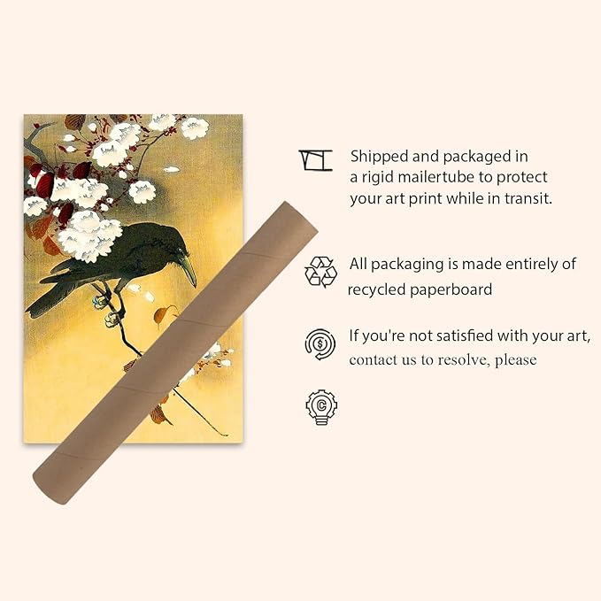 OZCONO Japanese Crow and Cherry Blossoms Wall Art Print, Vintage Ukiyo-e Style, Unframed Gallery Quality Giclée (11L x 9W)