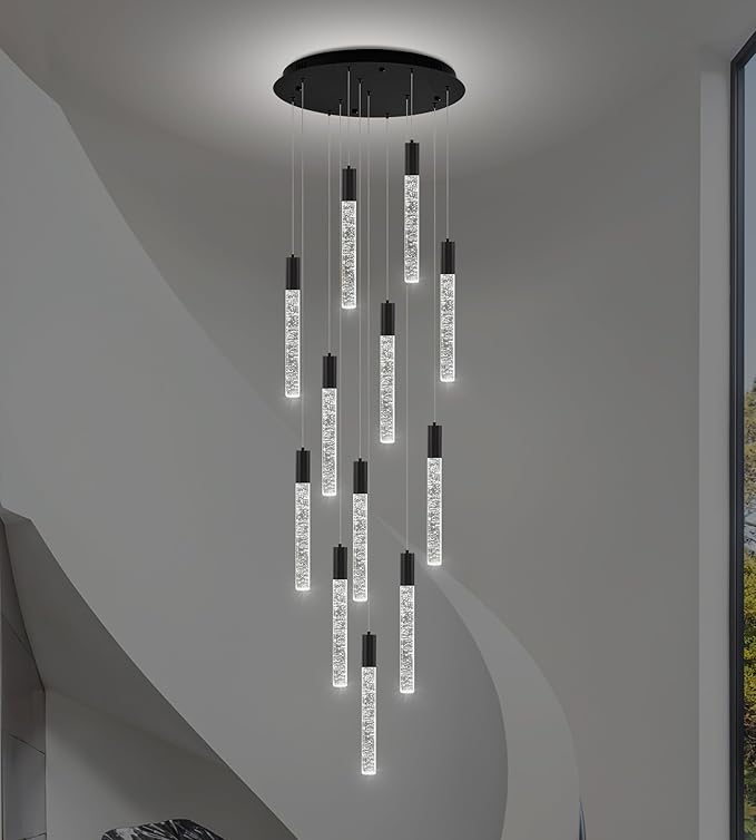 12-Lights High Ceiling Crystal Chandelier, Modern Large LED Raindrop Pendant Light Fixture 98.5" H Flush Mount Chandelier Black for Foyer Staircase Villa Living Room