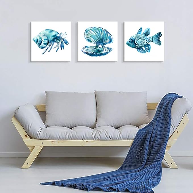 JAPO ART -Ocean Art Prints Tropical Wall Art Wall Blue Fish Blue Shells Hermit Crabs for Bathroom Kitchen Decoration 12x12Inchx3 pcs