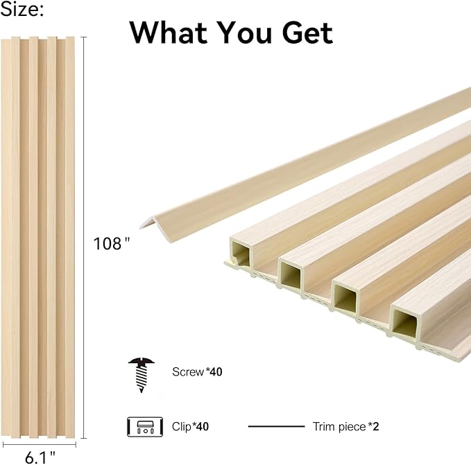 8-Pack WPC Wall Panels 108’’ x 6.1’’ 3D Slat Wall Panel Acoustic Wall Paneling for Interior Wall Decor TV Background Kitchen Bedroom Natural Wood