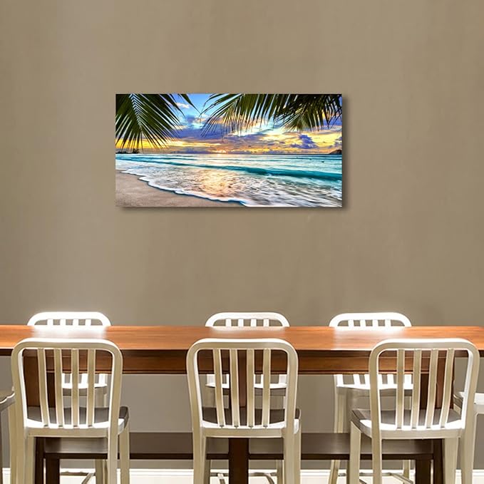 Beach Canvas Wall Art Seascape Theme Pictures Home Decor Blue Ocean White Wave Palm Tree Prints Paintings for Living Room Bathroom Bedroom Kitchen Office Decoration Natural Scenery Artwork 20x40inches