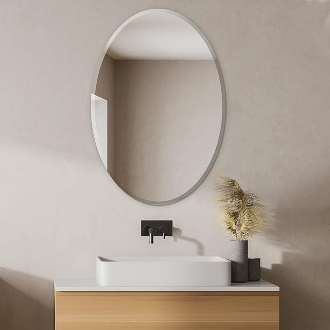 Oval Beveled Polish Frameless Wall Mirror with Hooks, 24" L x 48" W
