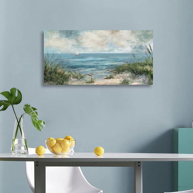 arteWOODS Sea Beach Canvas Wall Art Vintage Seascape Pictures Wall Decor Ocean Sailboat Seagull Prints Beach Bird Reed Painting Artwork for Living Room Bedroom Office Decoration 29" X 58"