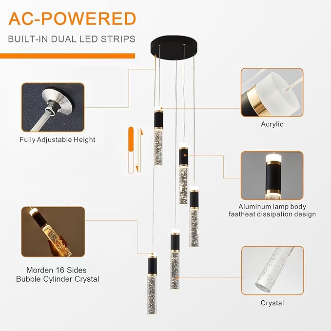 5-Light Modern LED Chandelier,Dimmable Hanging LED Pendant Light for Kitchen Dining Room Bedroom Kitchen Island Cafe