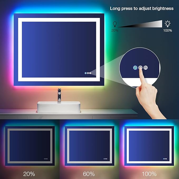 LOAAO 48"X28" LED Bathroom Mirror with Lights, Anti-Fog, Dimmable, RGB Backlit + Front Lighted, Bathroom Vanity Mirror for Wall, Memory Function