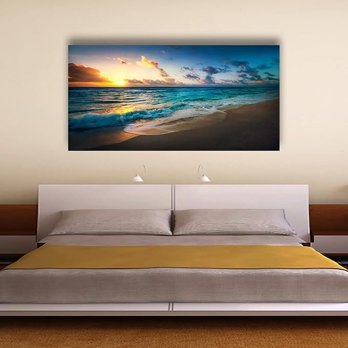 Beach Pictures Wall Art Canvas Prints Seascape Themed Decor for Home Sea Ocean Sunset Paintings for Living Room Bathroom Wall Decorations Natural Landscape Artwork Wooden Picture Frames 24x48 inches