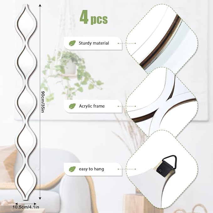 Qunclay Teardrop Mirror Wall Art Decorative Mirror Wall Decor Long Narrow Art for Apartment Living Room Bathroom Bedroom Entryway