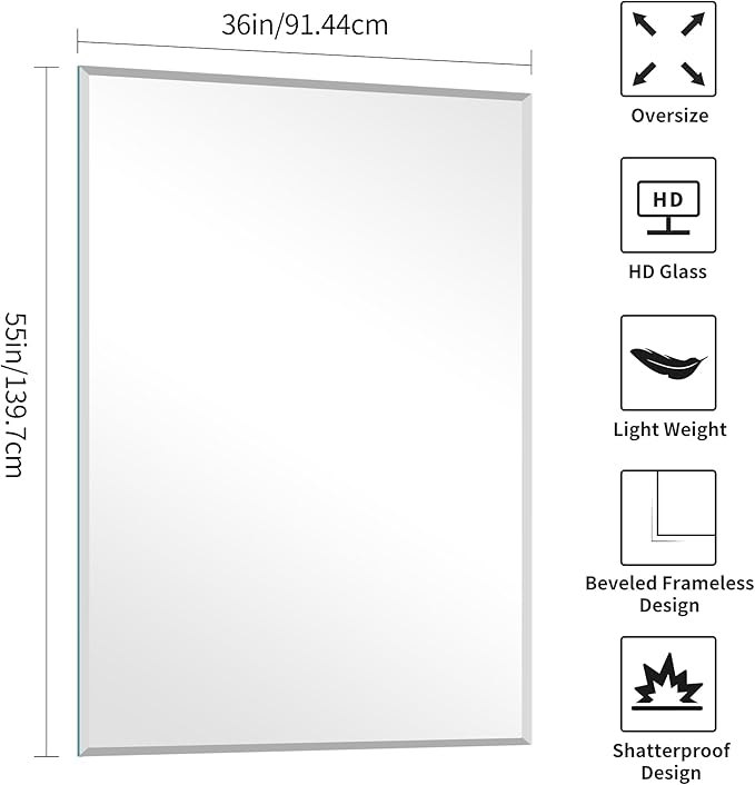 KOCUUY Beveled Mirror, 55x36 Inch Large Frameless Bathroom Mirror for Over Sink, Upgraded Shatterproof Beveled Unframed Design Mirror for Bathroom, Bedroom, Hang Horizontal/Vertical