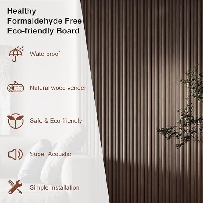 2PCS Wood Slat Acoustic Wall Panels for Ceiling and Wall Decor 3D Fluted Sound Absorbing Textured Panel with Wood Finish 108"×6" (Walnut Brown)