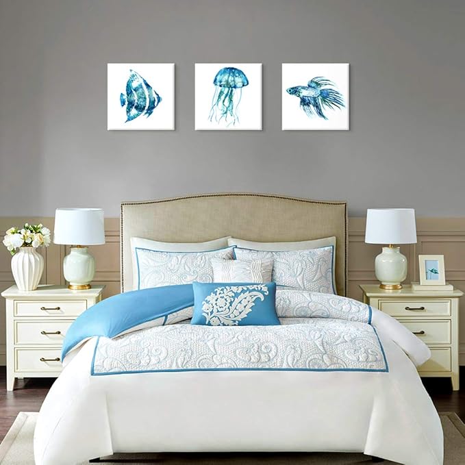 JAPO ART -Ocean Theme Wall Art Sea Animal Blue Jellyfish Tropical Fish Canvas Prints Wall Art 20 x 20 Inch Panel Set of 3 Home Decoration Framed and Stretched Ready to Hang