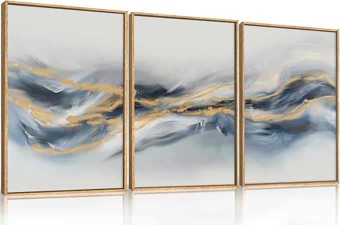 Large Abstract Navy Blue Gold Framed Canvas Wall Art,Watercolor Brush Stroke Wall Decor,Neutral Geometric Wave Artwork,Modern Minimalist Shape Art Print for Living Room,Bedroom,Office-24"x36"x3