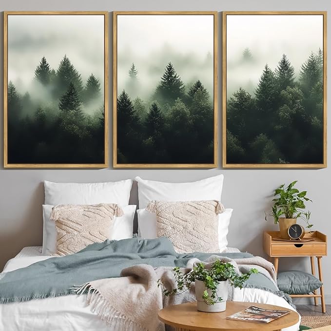 KUVIOKE Green Fog Pine Tree Framed Wall Art Nature Nordic Forests Artwork Morden Painting Home Decor 24x36in (Natural Framed)