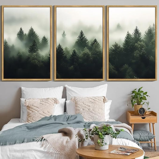 KUVIOKE Green Fog Pine Tree Framed Wall Art Nature Nordic Forests Artwork Morden Painting Home Decor 24x36in (Natural Framed)