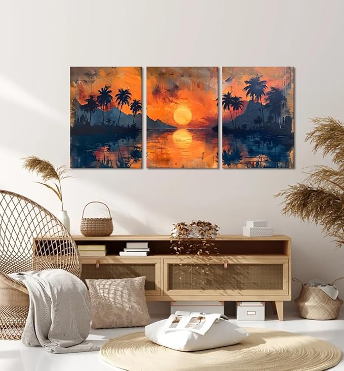 MAMAGO Beach Coconut Trees Wall Decor Coastal Sunset Natural Landscape Canvas Print Poster Oil Painting Style Orange Skyline Modern Home Decor Framed Easy to Hang-20”W x 28”Hx3pcs
