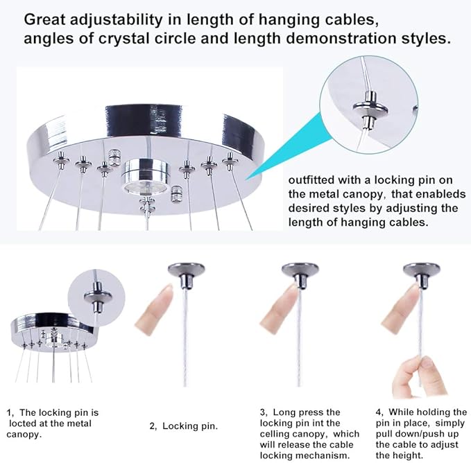 LED Chandeliers 3 rings LED Ceiling Lighting Fixture Modern Crystal Chandeliers Adjustable Stainless Steel Pendant Light for Bedroom Living Room Dining Room(Changeable Color,Control by button)