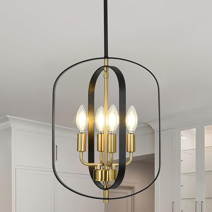 4-Light Black and Gold Chandeliers Modern Farmhouse Pendant Lights Kitchen Island Adjustable Height Small Entryway Chandelier for Dining Room Living Room Bedroom Foyer E12 Base