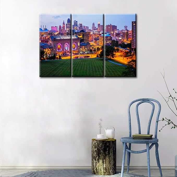 Buildings of Kansas City , Missouri with Wide Square Wall Art Painting Pictures Print On Canvas City The Picture for Home Modern Decoration Stretched and Frame Ready to Hang 24‘’ x 12‘’ x 3 panels
