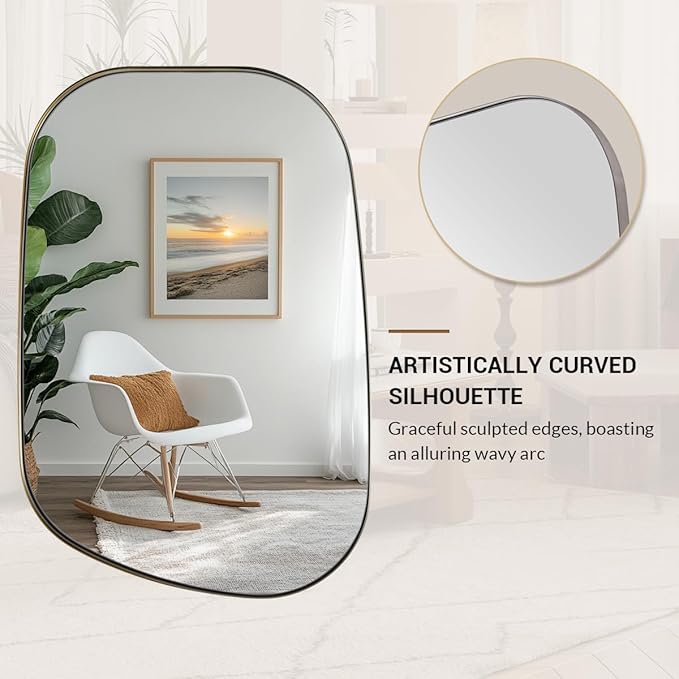 ANDY STAR 24"x40" Asymmetrical Wall Mirror，Brushed Nickel Irregular Bathroom Mirror with Stainless Steel Metal Frame, Wall-Mounted Mirror for Bathroom, Entryway (Horizontal/Vertical)