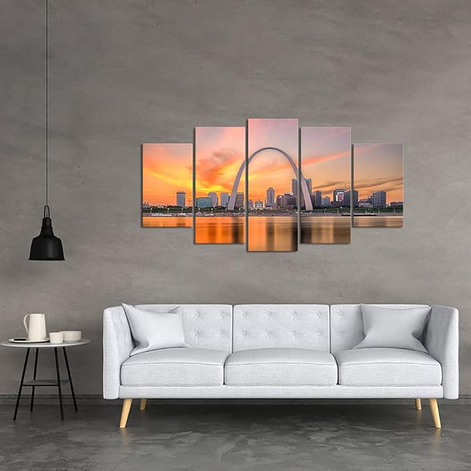 Canvbay 5 Piece City Skyline Canvas Wall Art St. Louis Gateway Arch at Sunset Painting Pictures USA Missouri Cityscape at Dusk Giclee Print Artwork for Living Room Home Decor Framed Ready to Hang
