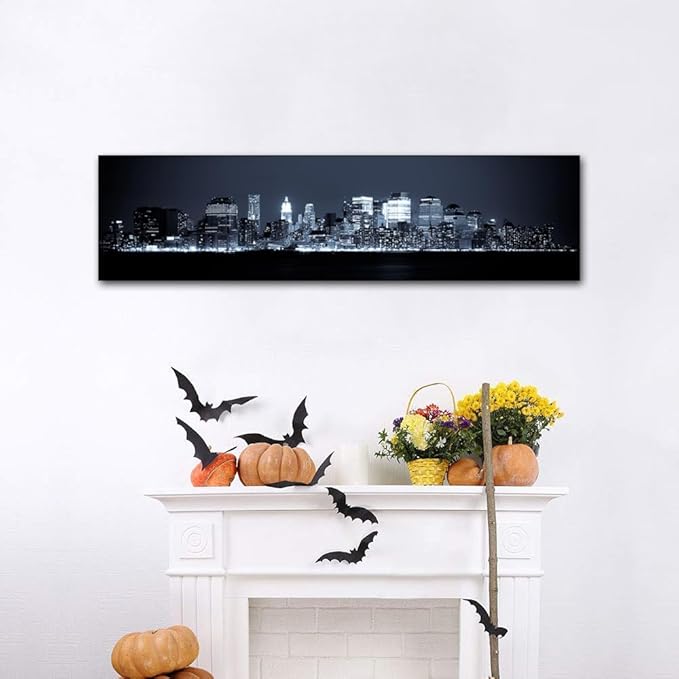 New York Skyline Canvas Wall Art Manhattan Wall Art for Living Room Cityscape at Night Pictures for Bedroom Modern Home Decor Office Bathroom Decorations Artwork Framed Ready to Hang 12x46 Inch