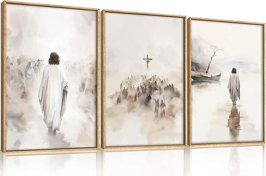 Jesus Walking on Water Canvas Wall Art,Boho Jesus Crucified Framed Wall Decor,Religious Christian Artwork,Holy Gathering Art Print for Living Room,Bedroom,Office- 24"x36"x3