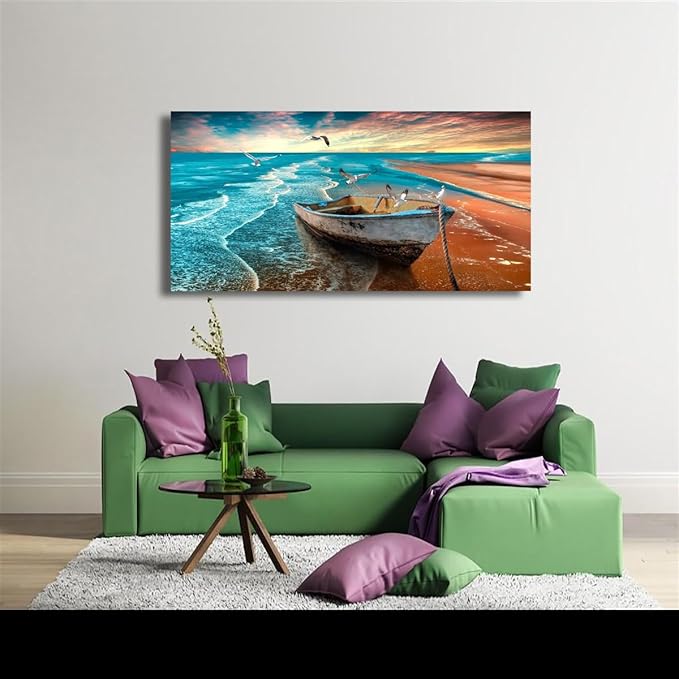 Beach Sunset Pictures Canvas Wall Art For Living Room Bedroom Wall Decor,Seascape Wall Art Print Paitnings For Home Decor,Morden Artwork Boat Canvas Art Waterproof Ready To Hang-28x57 Inches