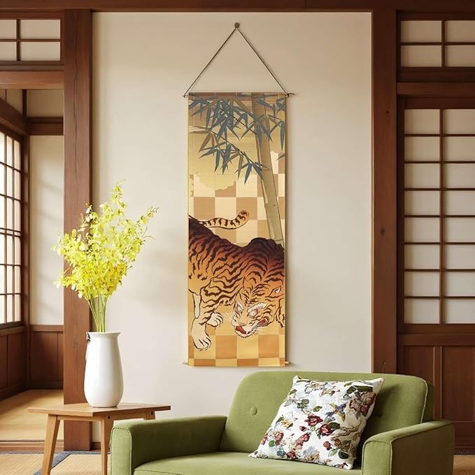 Japanese Tapestry Wall Art Scroll - Feng Shui & Lucky Symbols | W15.7xH47.2", Extra Long Vertical Hanging Decor for Bedroom, Living Room, Office Tiger CTT-10