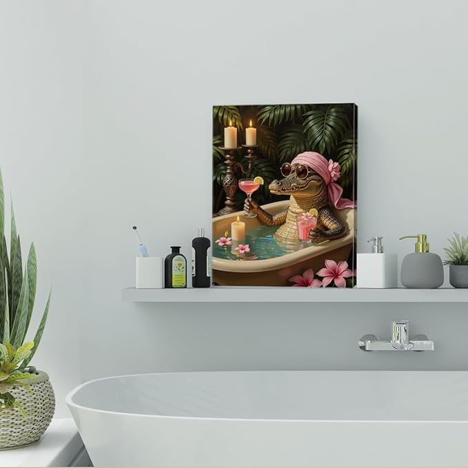 Crocodile Wall Art, 11.4x15in Funny Toilet Framed Art Paintings Wall Decor Unique Animal Lover Gifts Alligator Bathroom Picture for Living Room Bathroom Farmhouse Kitchen Decor