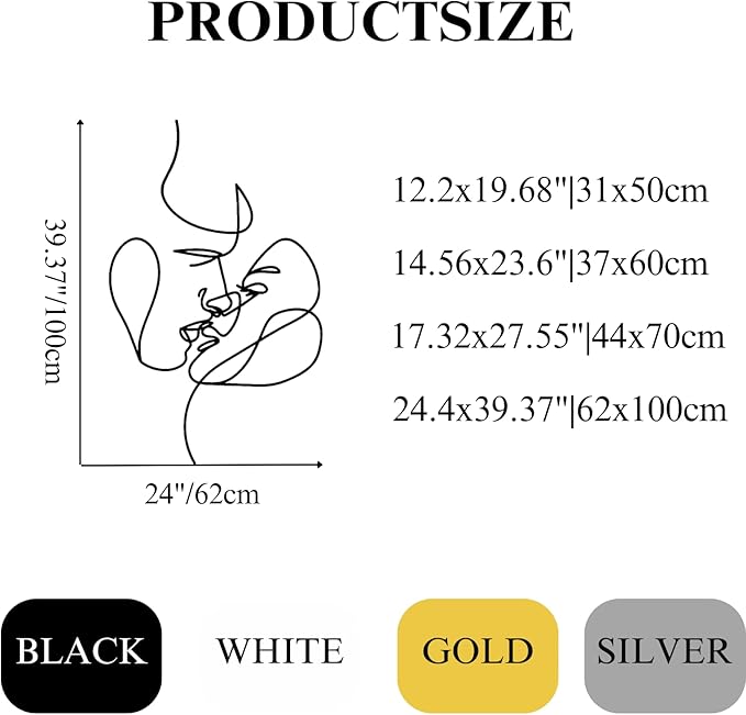 Cadeali Metal Wall Art - Minimalist Woman Face Art, 23.6 x 14.56 inches / 60 x 37 cm, Black (Wall Hanging Decor, Living Room, Modern, Love, Metal, Indoor and Outdoor, Rust Resistant)