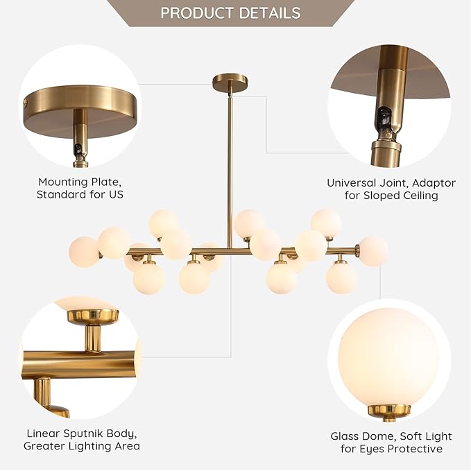 Mid Century Modern Chandelier Over Table, 16-Light Globe Sputnik Chandelier Brass Pendant Lighting Fixture Hanging Ceiling Light for Dining Room, Kitchen Island