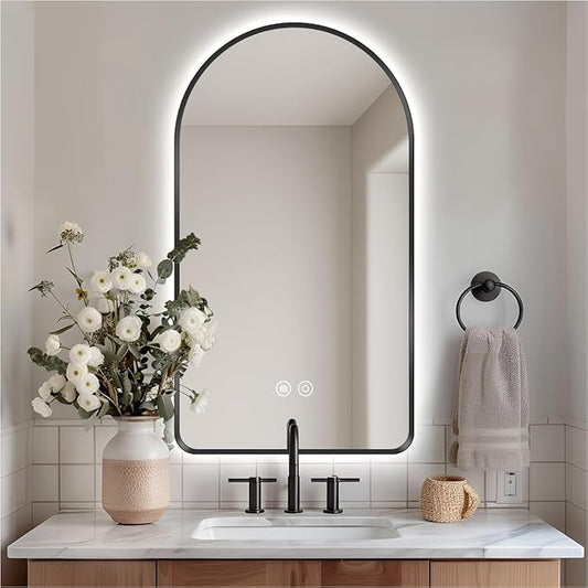 40" x 24" Arched LED Bathroom Mirror, Brushed Black Framed, Backlit Vanity Mirror with Lights, Wall Mounted Lighted Mirror, Dimmable 3-Color Shatter-Proof Arch Smart Mirror, UL-Listed, CRI≥93