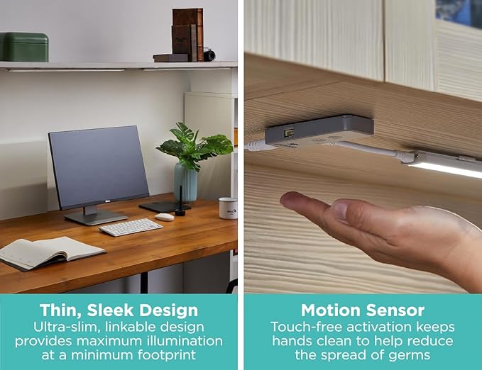 BLACK+DECKER LED Under Cabinet Light Kit, Motion Sensor, Dimmable, Linkable, 3 Color Settings, Tool-Free, Utility Light, Closets, Garage, Pantry, (1) 24" Bars