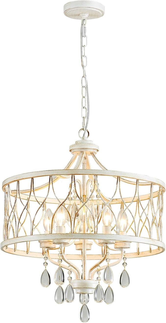 Modern Crystal Chandelier, 5-Light Farmhouse White Chandelier for Dining Room Vintage Hanging Pendant Light Fixtures Round Chandelier for Kitchen Island Entryway Foyer Bedroom Office Bar