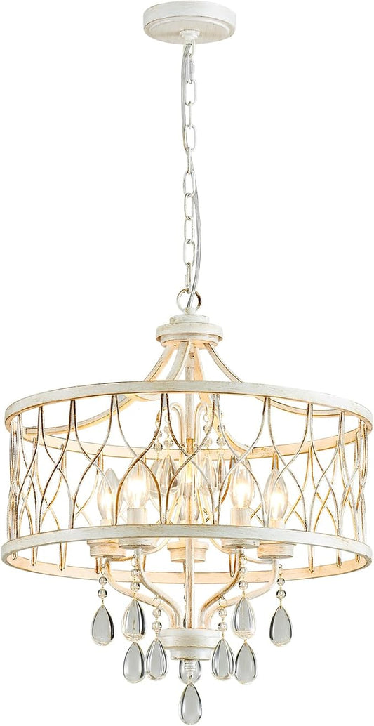 Modern Crystal Chandelier, 5-Light Farmhouse White Chandelier for Dining Room Vintage Hanging Pendant Light Fixtures Round Chandelier for Kitchen Island Entryway Foyer Bedroom Office Bar